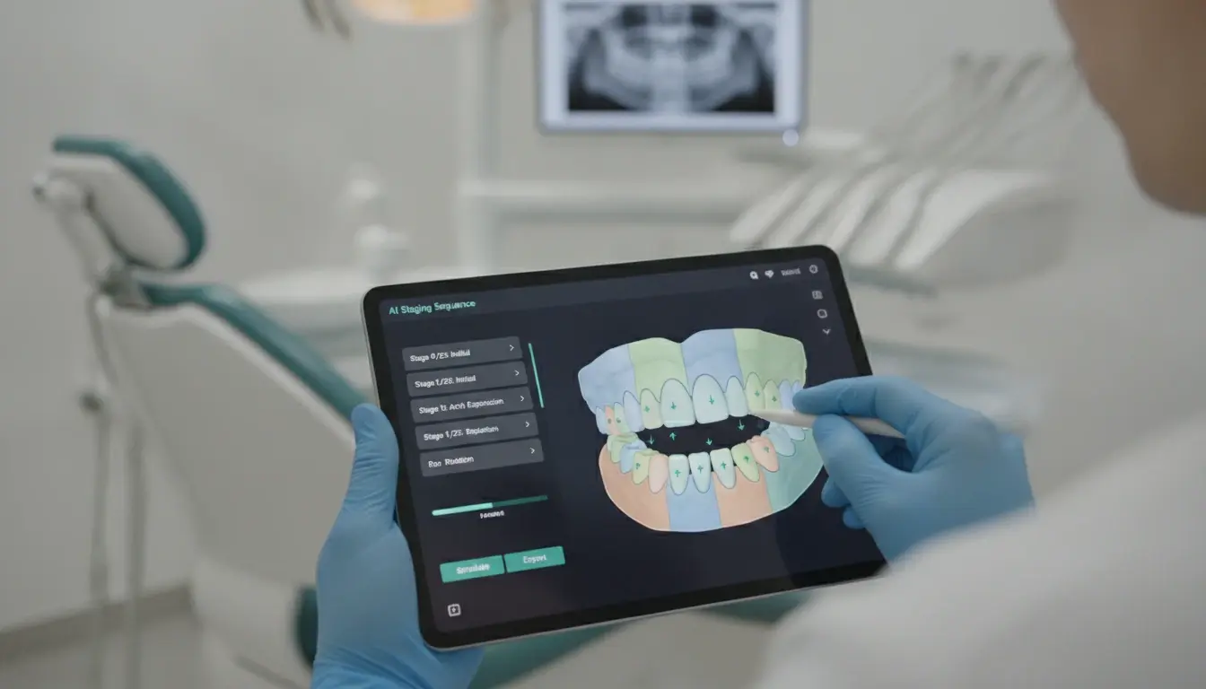 AI-powered-automatic-tooth-segmentation-with-color-coded-staging-sequences-on-tablet-interface