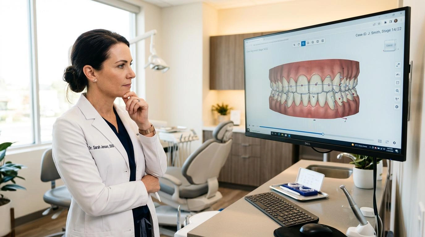 Dental-professional-reviewing-clear-aligner-case-plans-with-3D-tooth-models-on-screen