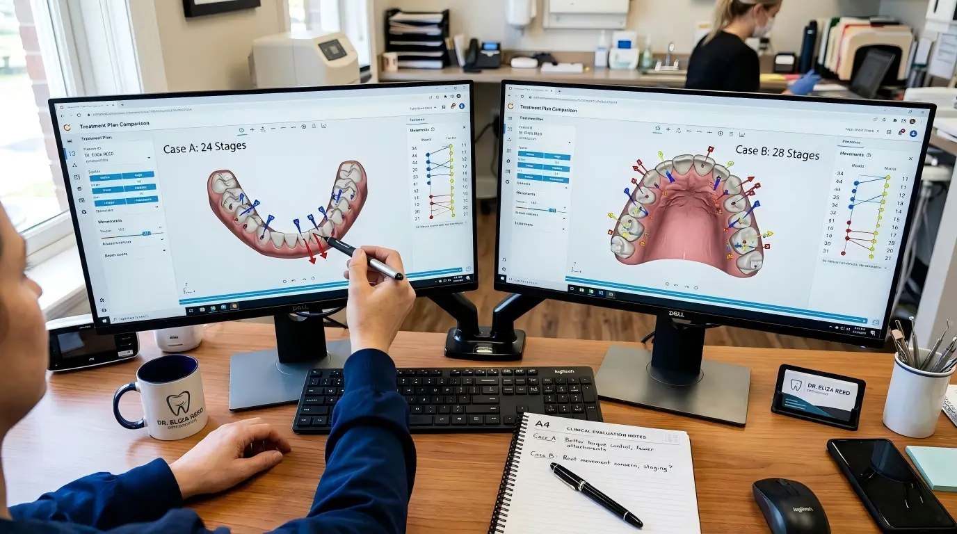 Dentist-comparing-multiple-clear-aligner-treatment-plans-side-by-side-during-OEM-manufacturer-evaluation