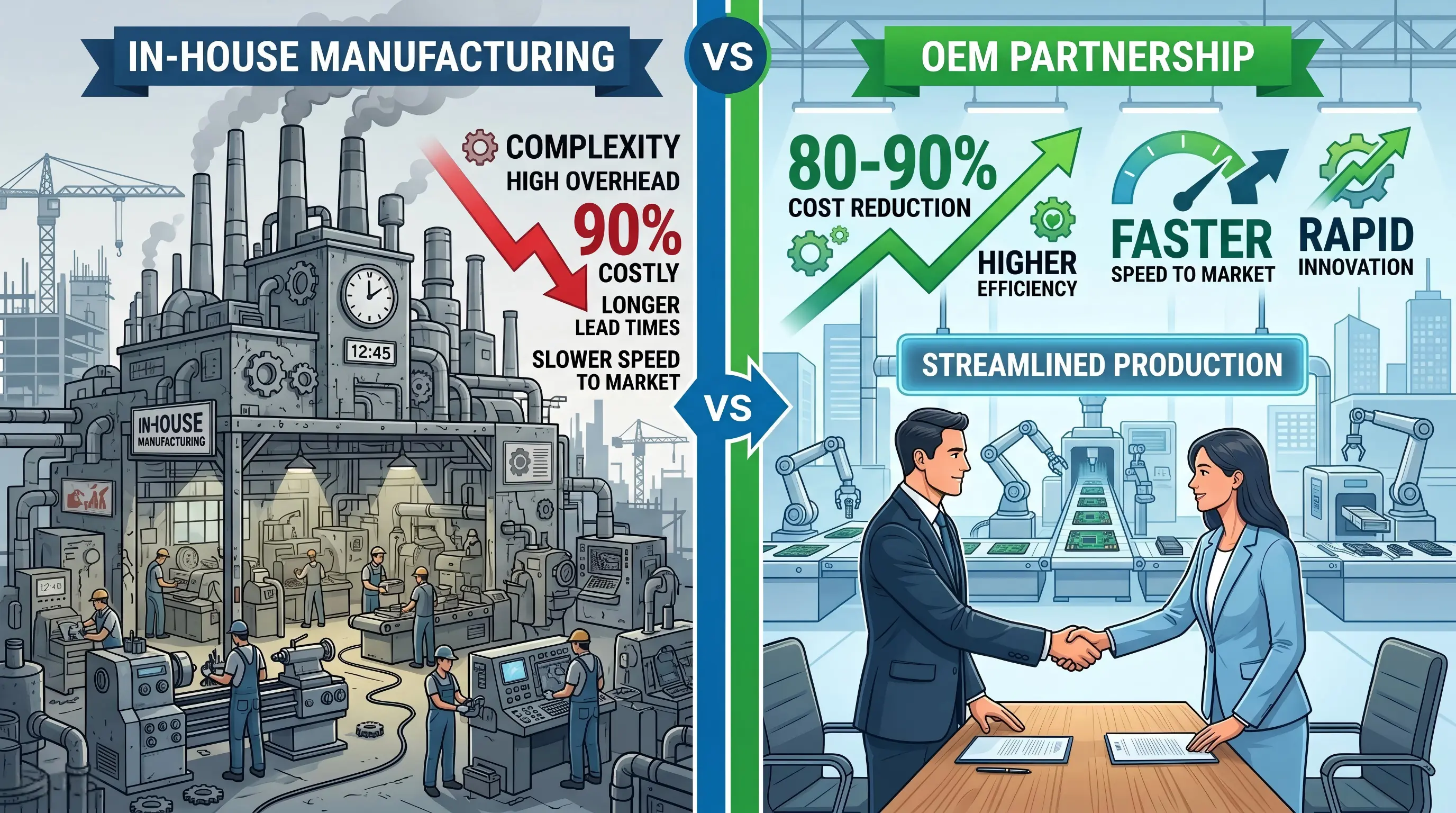 Infographic showing OEM advantages: 80-90% lower cost, 3-6 month launch