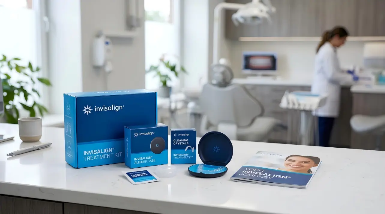 Invisalign-aligner-packaging-and-branding-displayed-on-a-dental-clinic-desk