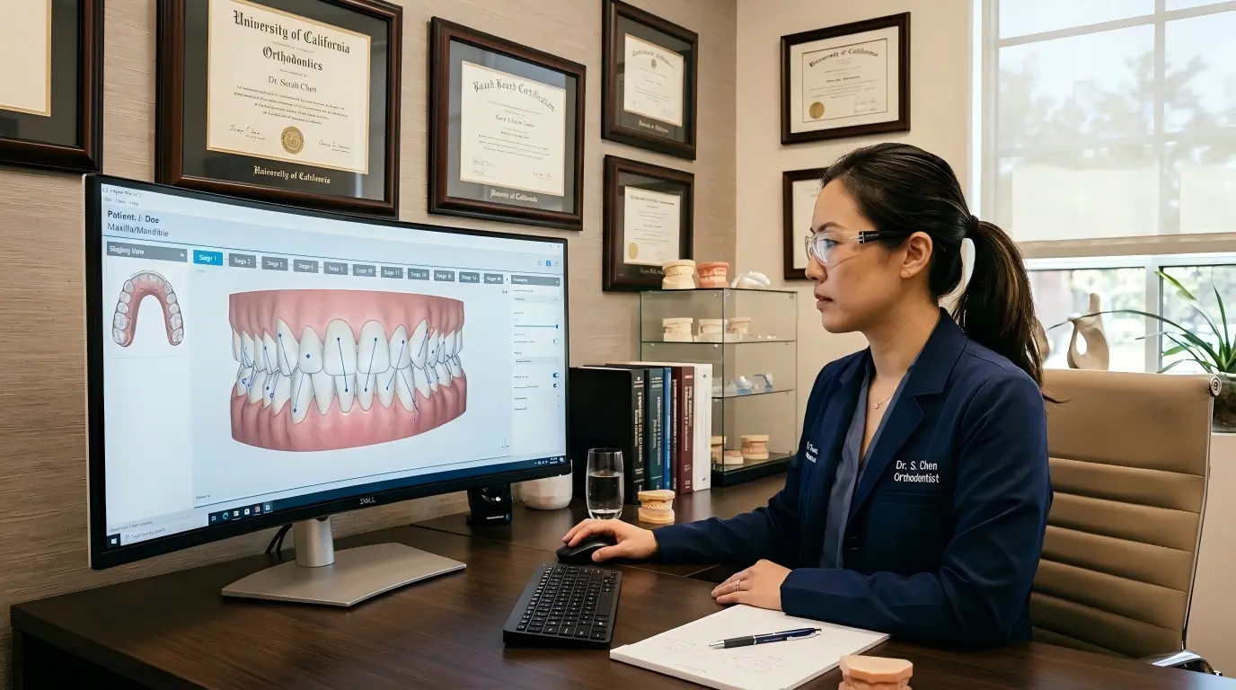 Orthodontist-evaluating-clear-aligner-treatment-plan-on-AI-powered-software-platform-during-free-trial.