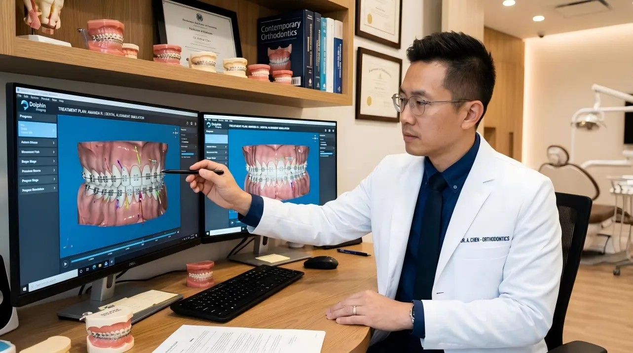 Orthodontist-reviewing-3D-orthodontic-treatment-plan-on-computer-monitor